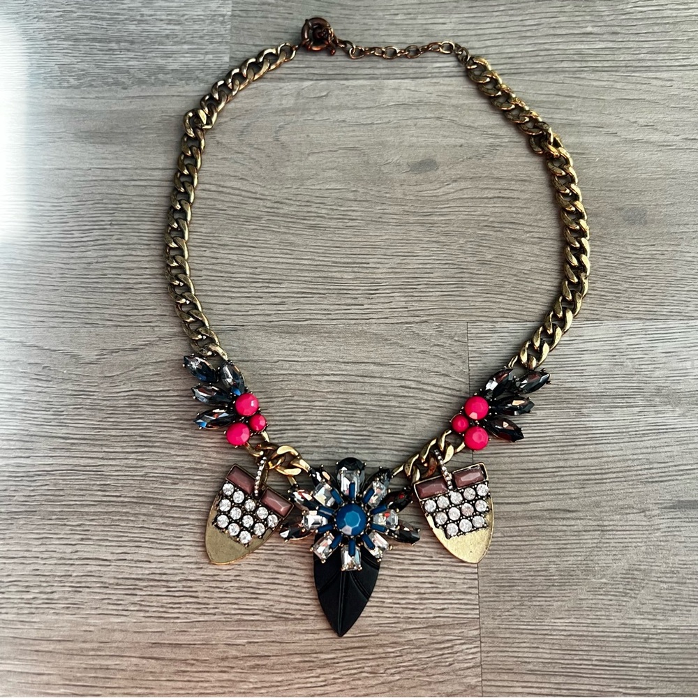 Bold Gold Blue Pink and Black Statement Necklace
